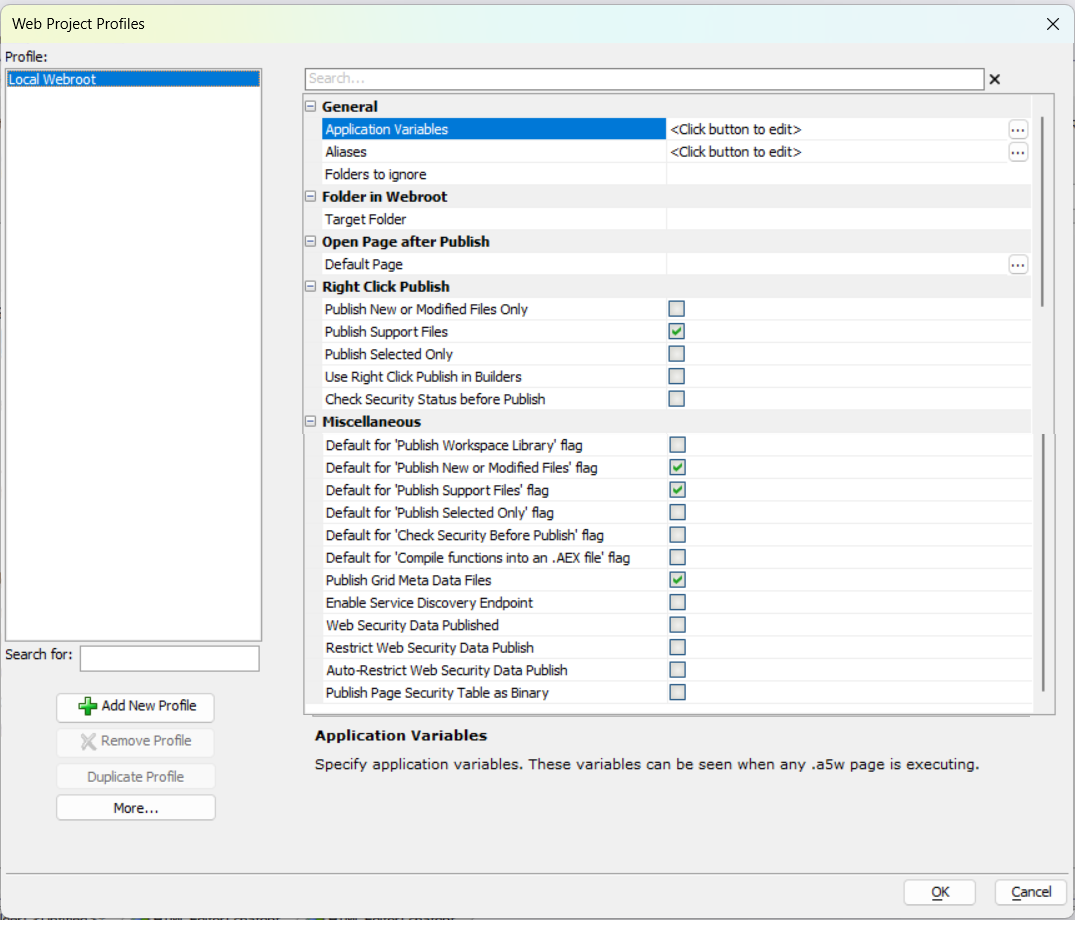 The Web Project Profile Properties dialog default view of Local Webroot showing all the properties for that profile
